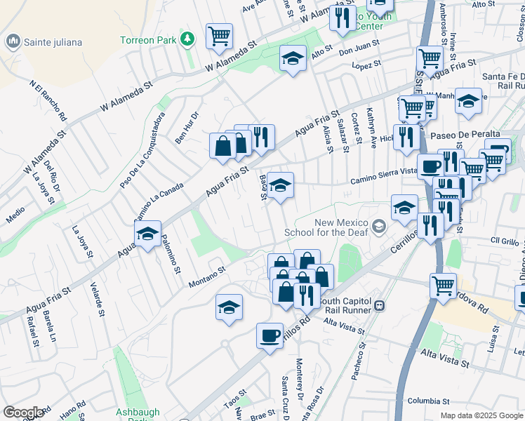 map of restaurants, bars, coffee shops, grocery stores, and more near 714 Baca Street in Santa Fe