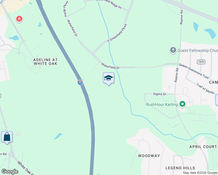 map of restaurants, bars, coffee shops, grocery stores, and more near 3200 Waterfield Drive in Garner