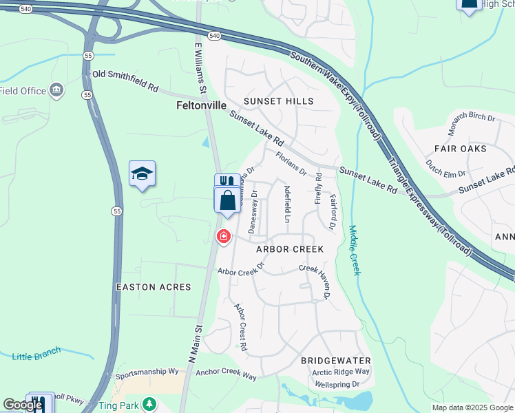map of restaurants, bars, coffee shops, grocery stores, and more near 133 Danesway Drive in Holly Springs