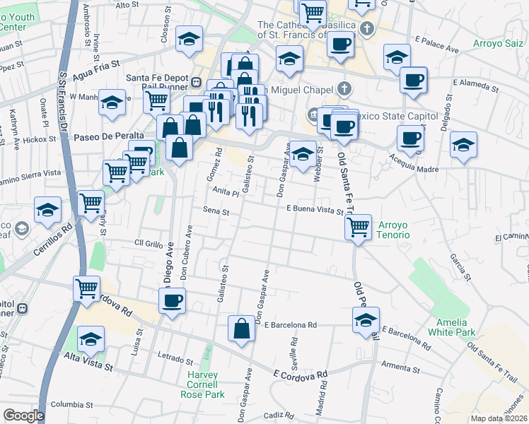map of restaurants, bars, coffee shops, grocery stores, and more near 720 Don Gaspar Avenue in Santa Fe