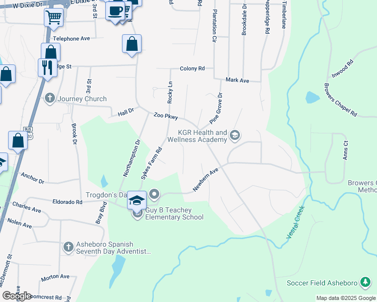 map of restaurants, bars, coffee shops, grocery stores, and more near 1907 Horse Carriage Lane in Asheboro