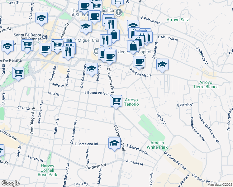 map of restaurants, bars, coffee shops, grocery stores, and more near 342 East Buena Vista Street in Santa Fe