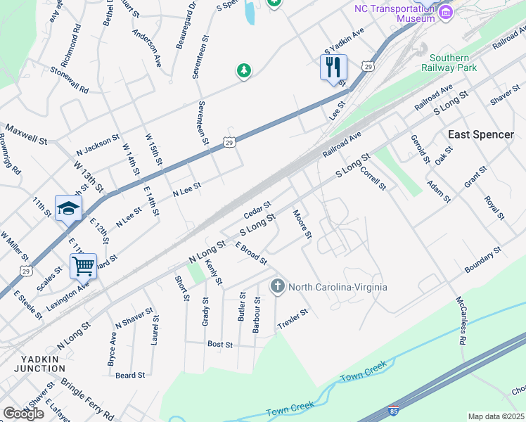 map of restaurants, bars, coffee shops, grocery stores, and more near in East Spencer