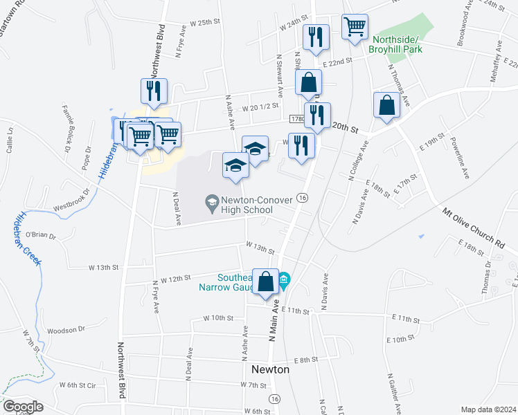 map of restaurants, bars, coffee shops, grocery stores, and more near 205 West 15th Street in Newton