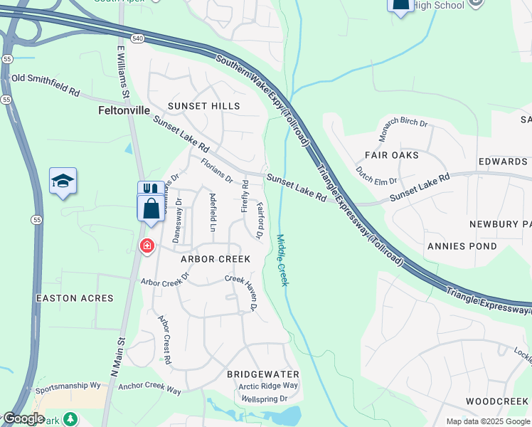 map of restaurants, bars, coffee shops, grocery stores, and more near 112 Fairford Drive in Holly Springs