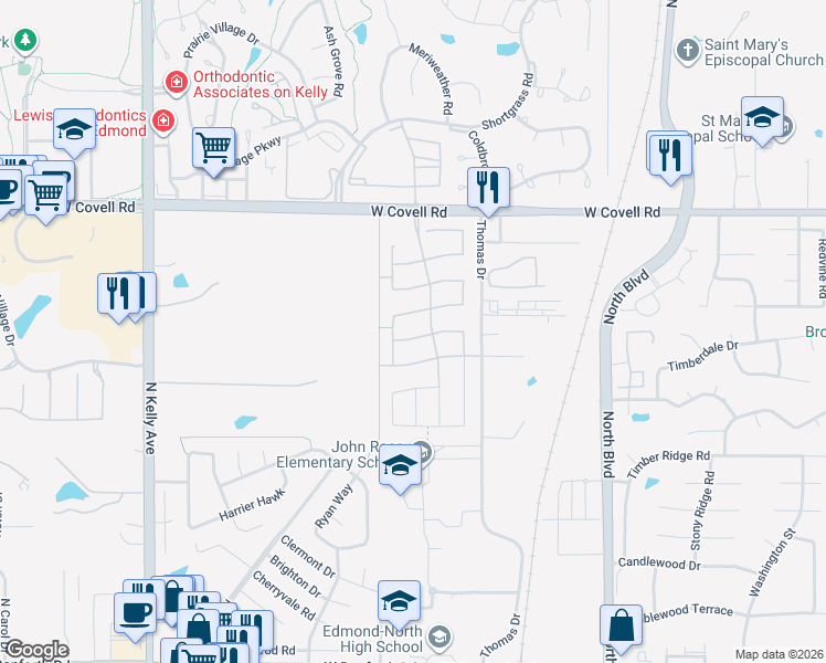 map of restaurants, bars, coffee shops, grocery stores, and more near 417 Pacific Crest Trail in Edmond