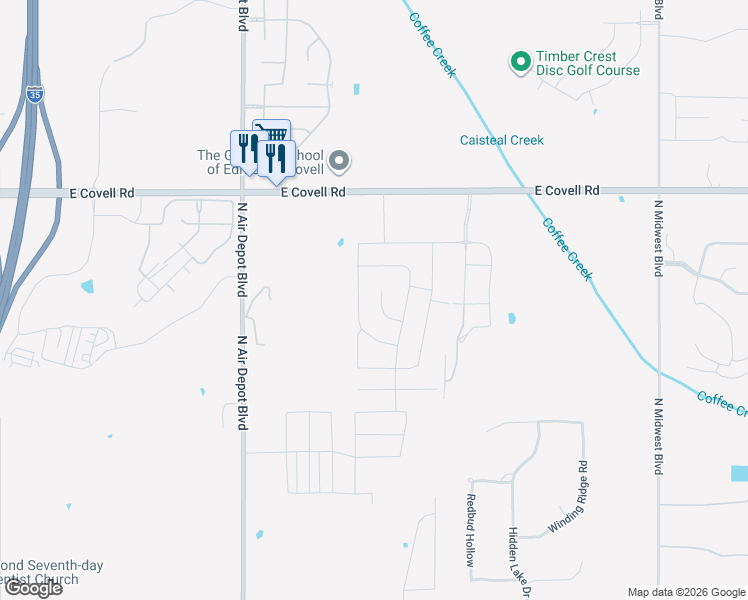 map of restaurants, bars, coffee shops, grocery stores, and more near 6200 East Covell Road in Edmond