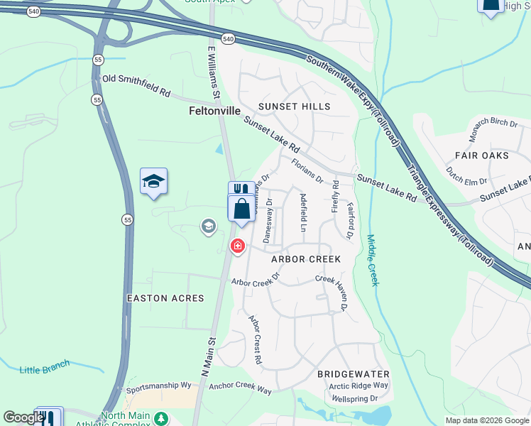 map of restaurants, bars, coffee shops, grocery stores, and more near 133 Danesway Drive in Holly Springs