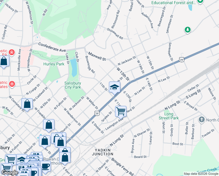map of restaurants, bars, coffee shops, grocery stores, and more near 121 West 11th Street in Salisbury