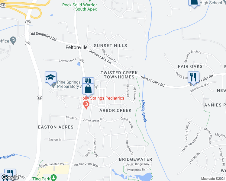 map of restaurants, bars, coffee shops, grocery stores, and more near 221 Adefield Lane in Holly Springs