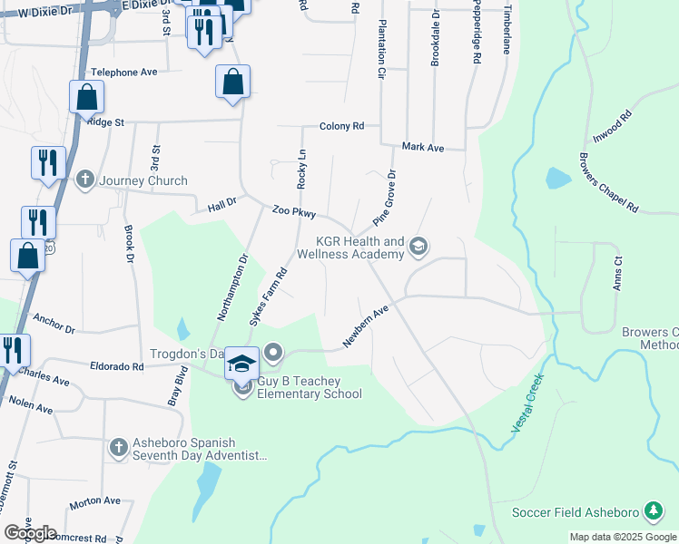 map of restaurants, bars, coffee shops, grocery stores, and more near 1907 Horse Carriage Lane in Asheboro