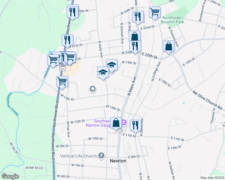 map of restaurants, bars, coffee shops, grocery stores, and more near 205 West 15th Street in Newton