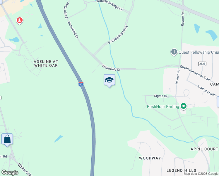 map of restaurants, bars, coffee shops, grocery stores, and more near 3200 Waterfield Drive in Garner