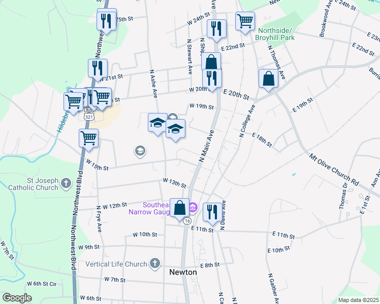 map of restaurants, bars, coffee shops, grocery stores, and more near 108 West 15th Street in Newton