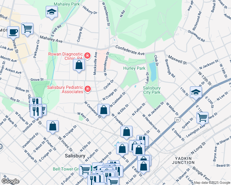 map of restaurants, bars, coffee shops, grocery stores, and more near 715 North Craige Street in Salisbury