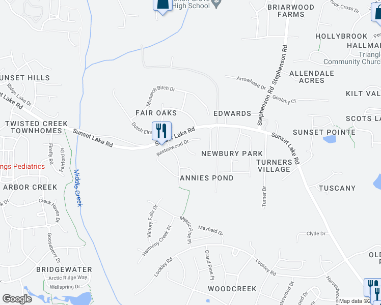 map of restaurants, bars, coffee shops, grocery stores, and more near Winterview Place in Apex