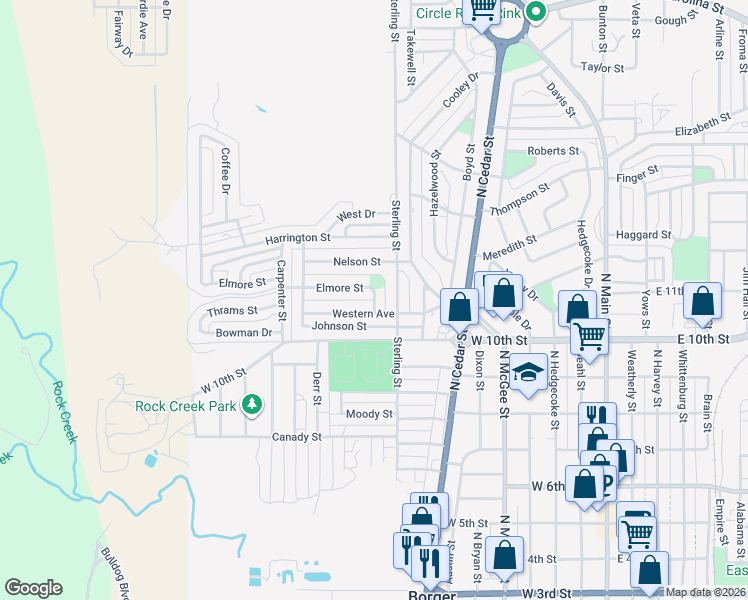 map of restaurants, bars, coffee shops, grocery stores, and more near 938 Elmore St in Borger