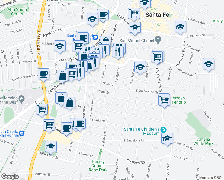 map of restaurants, bars, coffee shops, grocery stores, and more near 811 Allendale Street in Santa Fe