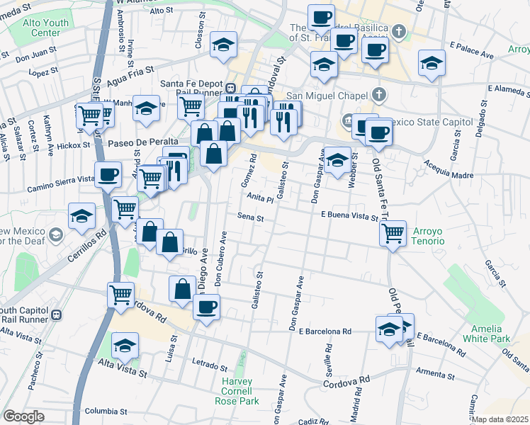 map of restaurants, bars, coffee shops, grocery stores, and more near 811 Allendale Street in Santa Fe