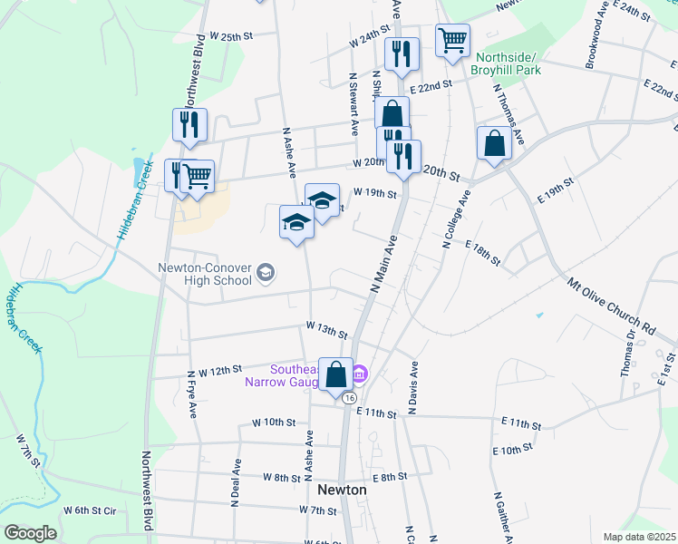 map of restaurants, bars, coffee shops, grocery stores, and more near 1520 North Main Avenue in Newton