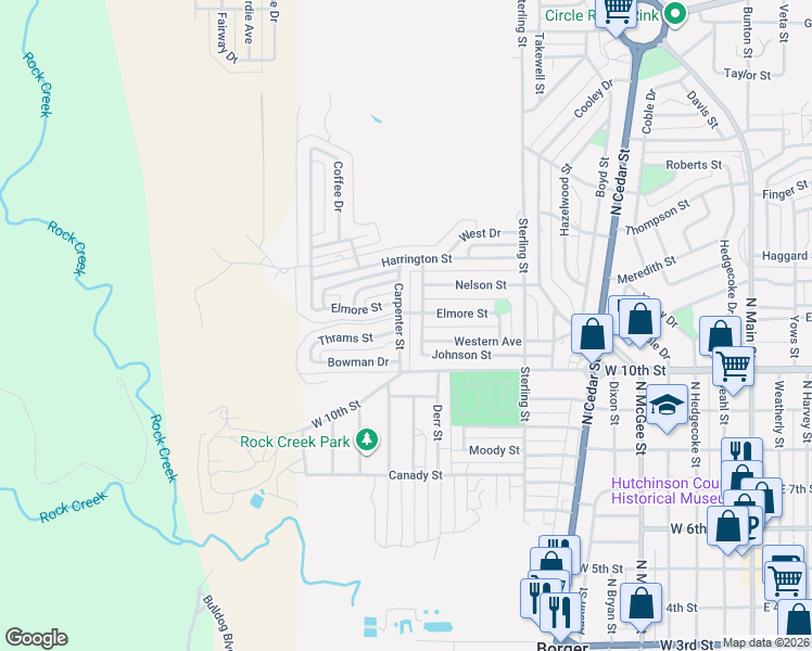 map of restaurants, bars, coffee shops, grocery stores, and more near 1001-1003 Johnson Ave in Borger