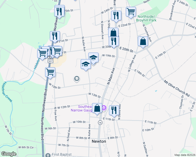 map of restaurants, bars, coffee shops, grocery stores, and more near 205 West 15th Street in Newton