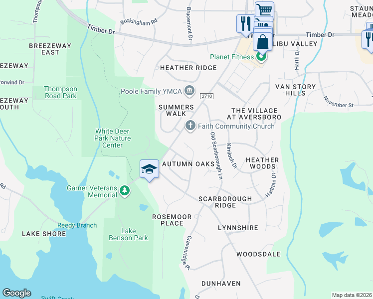 map of restaurants, bars, coffee shops, grocery stores, and more near 116 Oldefield Lane in Garner
