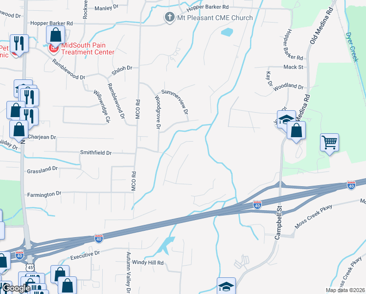 map of restaurants, bars, coffee shops, grocery stores, and more near 73 Raindrop Cove in Jackson
