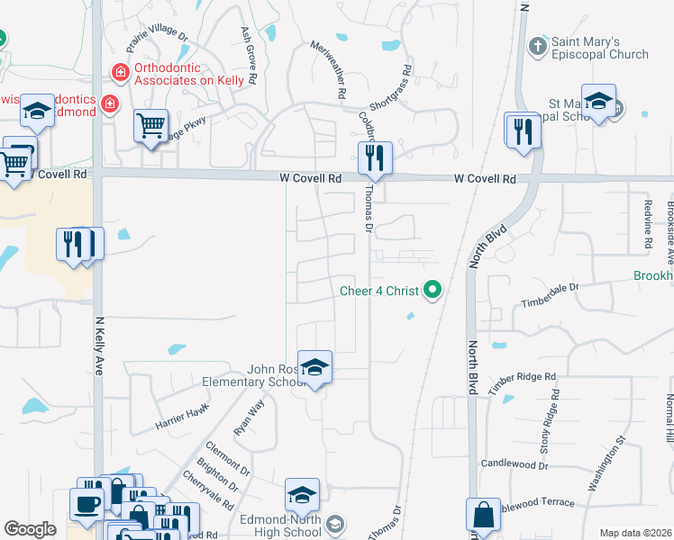 map of restaurants, bars, coffee shops, grocery stores, and more near 345 Oregon Trail in Edmond