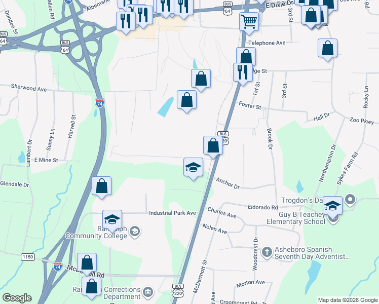 map of restaurants, bars, coffee shops, grocery stores, and more near 402 Springwood Road in Asheboro