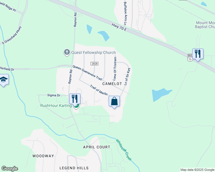 map of restaurants, bars, coffee shops, grocery stores, and more near 406 Queen Guenevere Trail in Garner