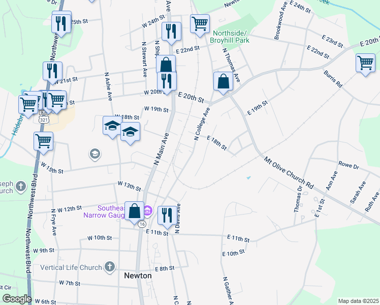map of restaurants, bars, coffee shops, grocery stores, and more near 1636 North College Avenue in Newton