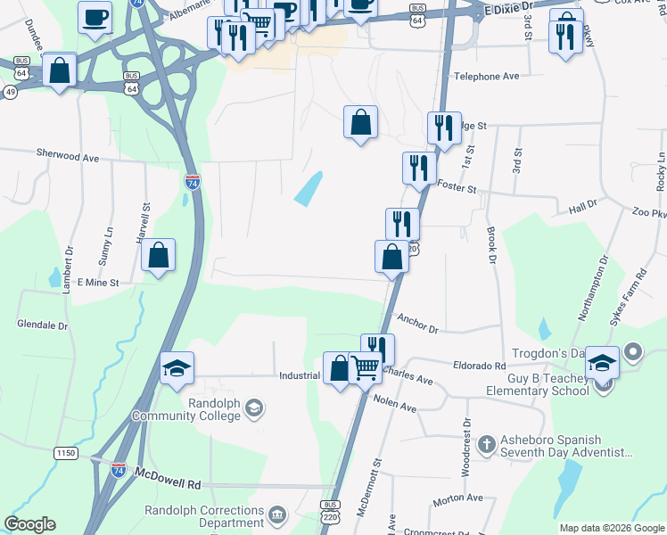 map of restaurants, bars, coffee shops, grocery stores, and more near 402 Springwood Road in Asheboro