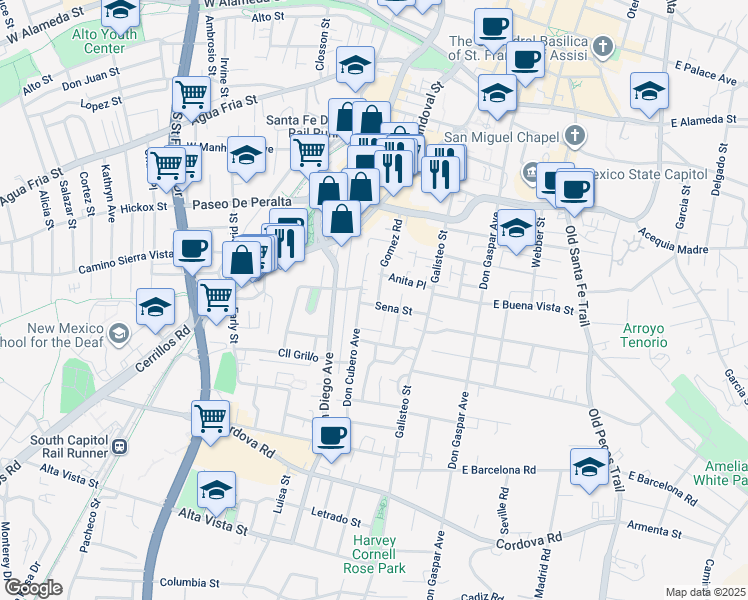 map of restaurants, bars, coffee shops, grocery stores, and more near 739 Gregory Lane in Santa Fe