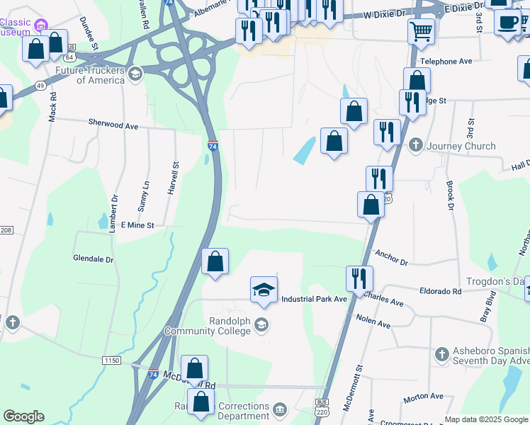map of restaurants, bars, coffee shops, grocery stores, and more near 1941 Oak Drive in Asheboro