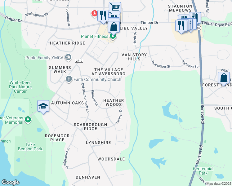map of restaurants, bars, coffee shops, grocery stores, and more near 131 Mary Kirk Place in Garner