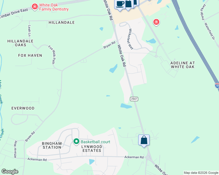 map of restaurants, bars, coffee shops, grocery stores, and more near 7626 White Oak Road in Garner