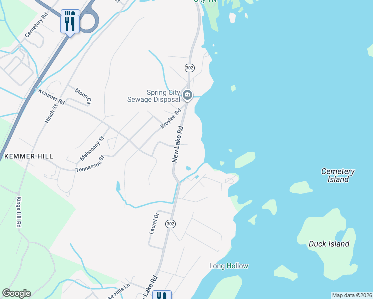 map of restaurants, bars, coffee shops, grocery stores, and more near 1235 New Lake Road in Spring City