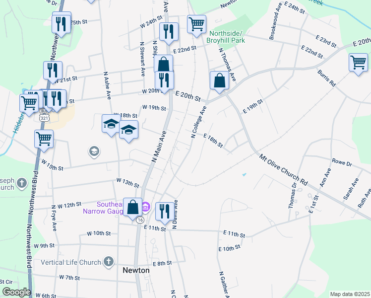 map of restaurants, bars, coffee shops, grocery stores, and more near 1636 North College Avenue in Newton