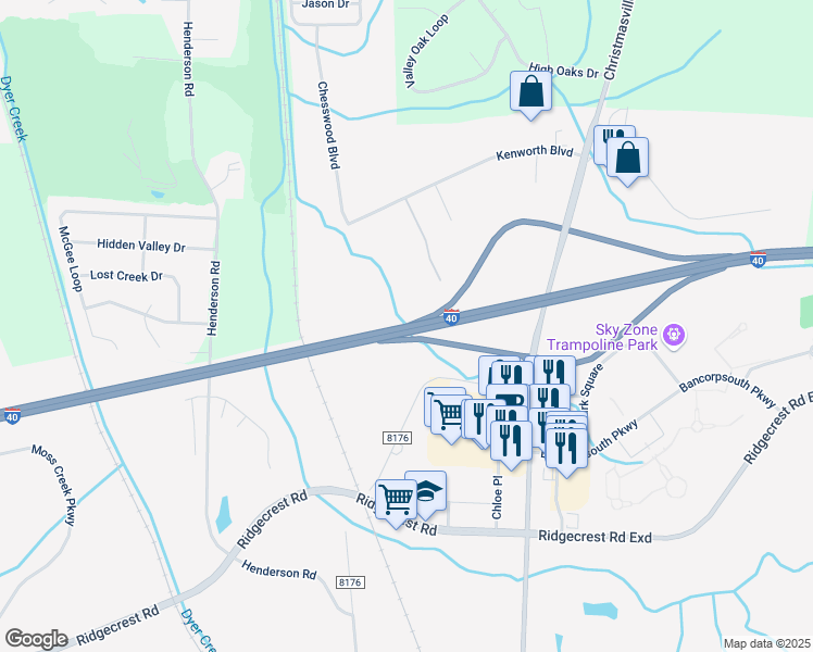 map of restaurants, bars, coffee shops, grocery stores, and more near U.S. 412 in Jackson