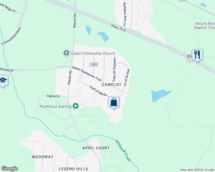 map of restaurants, bars, coffee shops, grocery stores, and more near 406 Queen Guenevere Trail in Garner