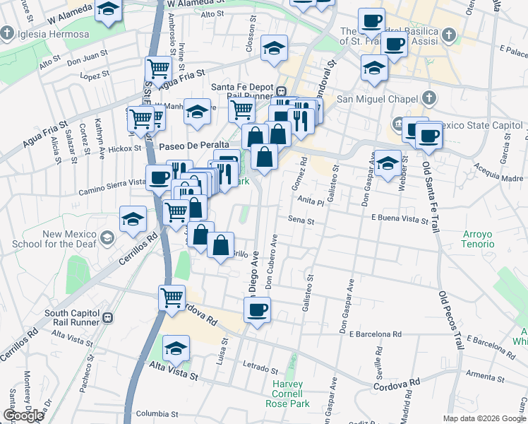 map of restaurants, bars, coffee shops, grocery stores, and more near 736 Don Diego Avenue in Santa Fe