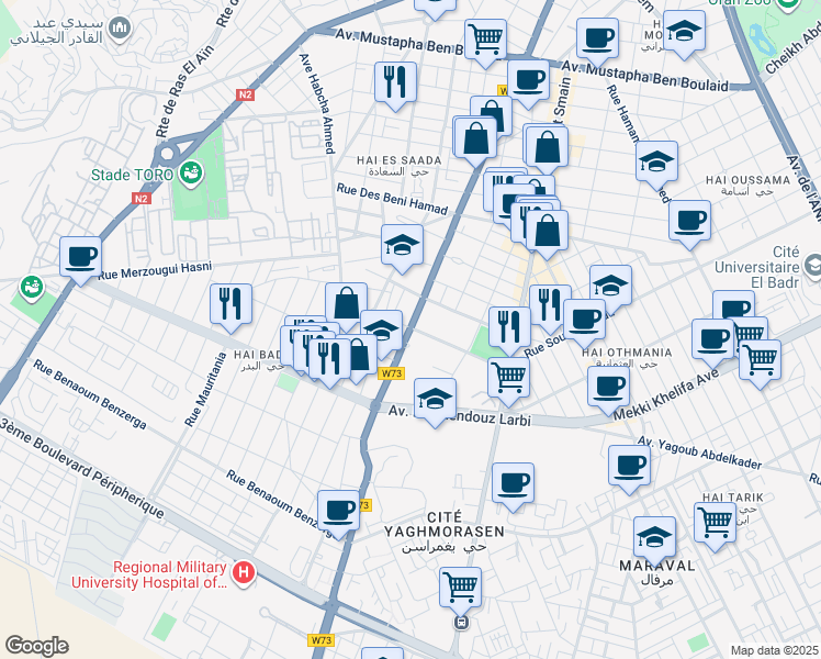 map of restaurants, bars, coffee shops, grocery stores, and more near Chakib Arslan Avenue in Oran