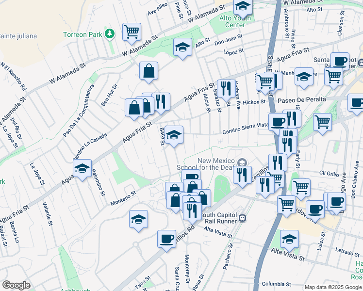 map of restaurants, bars, coffee shops, grocery stores, and more near 1498 Camino Sierra Vista in Santa Fe