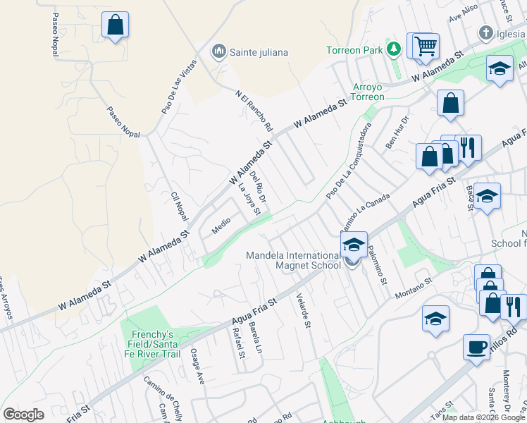 map of restaurants, bars, coffee shops, grocery stores, and more near 129 Del Rio Drive in Santa Fe