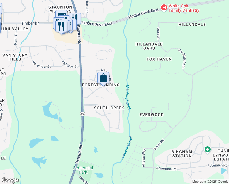 map of restaurants, bars, coffee shops, grocery stores, and more near 107 Falling Creek Court in Garner