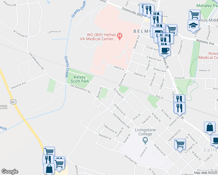 map of restaurants, bars, coffee shops, grocery stores, and more near 1600 West Horah Street in Salisbury