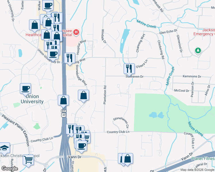map of restaurants, bars, coffee shops, grocery stores, and more near 171 Plantation Road in Jackson