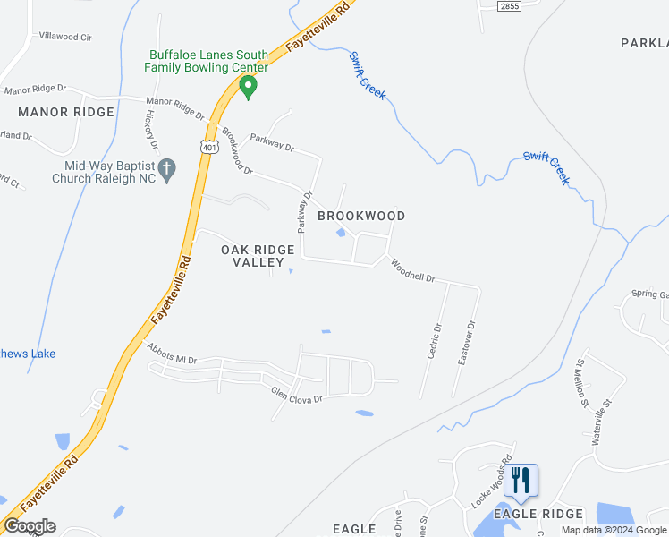map of restaurants, bars, coffee shops, grocery stores, and more near 2409 Parkway Drive in Raleigh