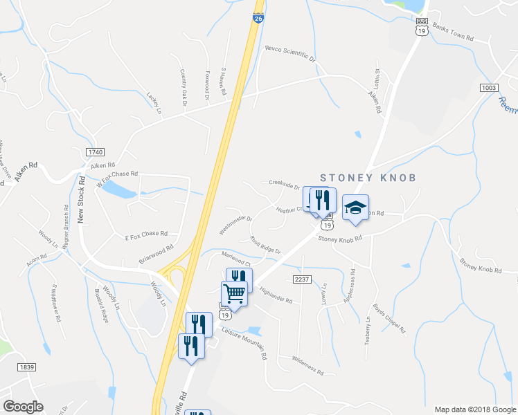 map of restaurants, bars, coffee shops, grocery stores, and more near 46 Knoll Ridge Drive in Asheville